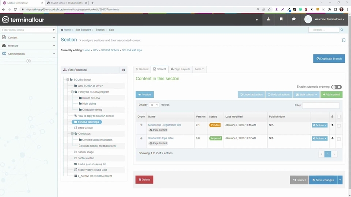 Content options (publish, expire, review, archive, delete) - with new publish message