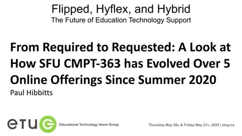 Thumbnail for entry 107. From Required to Requested: A Look at How SFU CMPT-363 has Evolved Over 5 Online Offerings Since Summer 2020